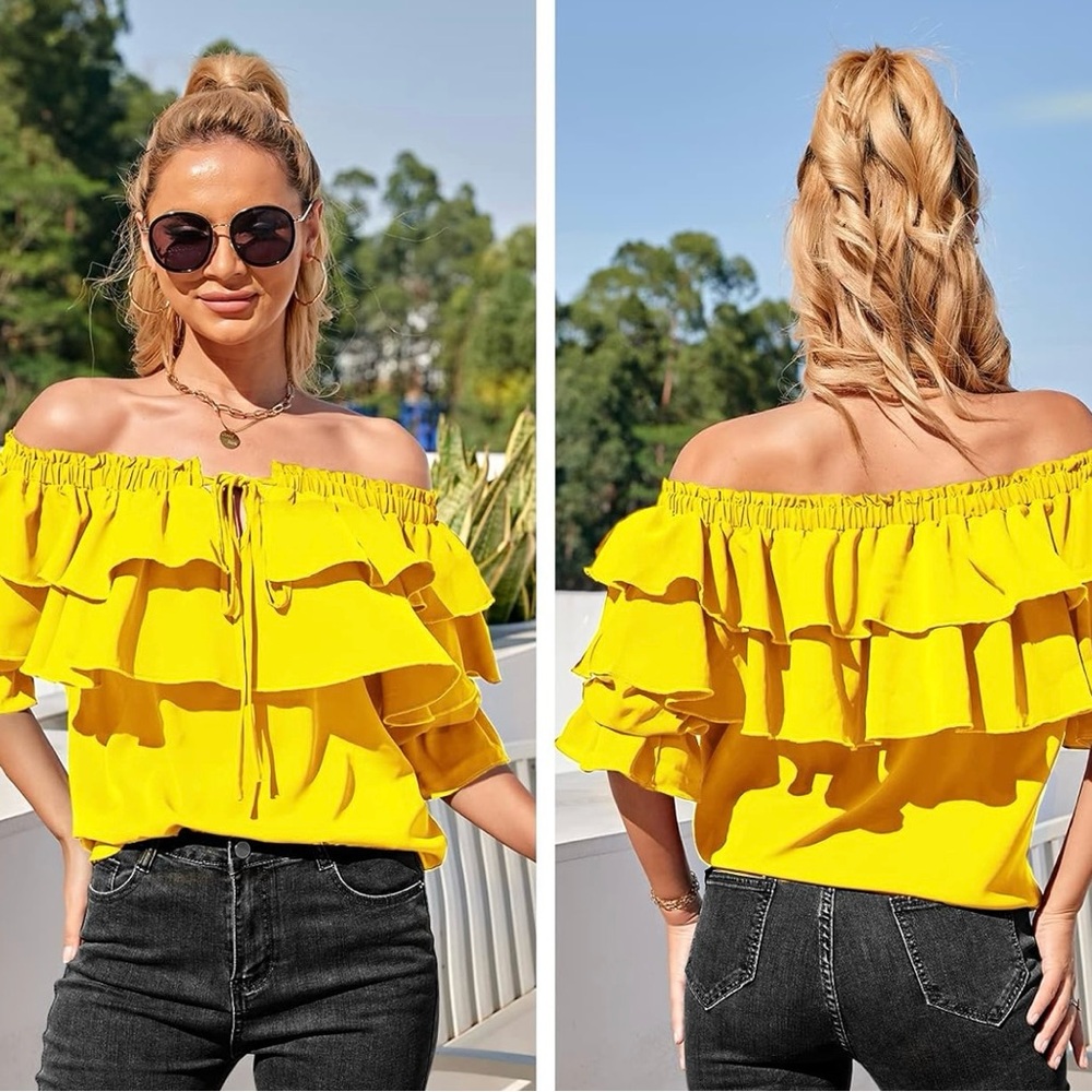 Collection B Yellow Ruffled Off-Shoulder Blouse - Picture 3 of 6